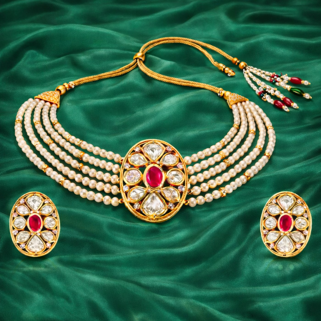 Gold Plated Pink Kundan Semi Cultured Pearl Choker Set