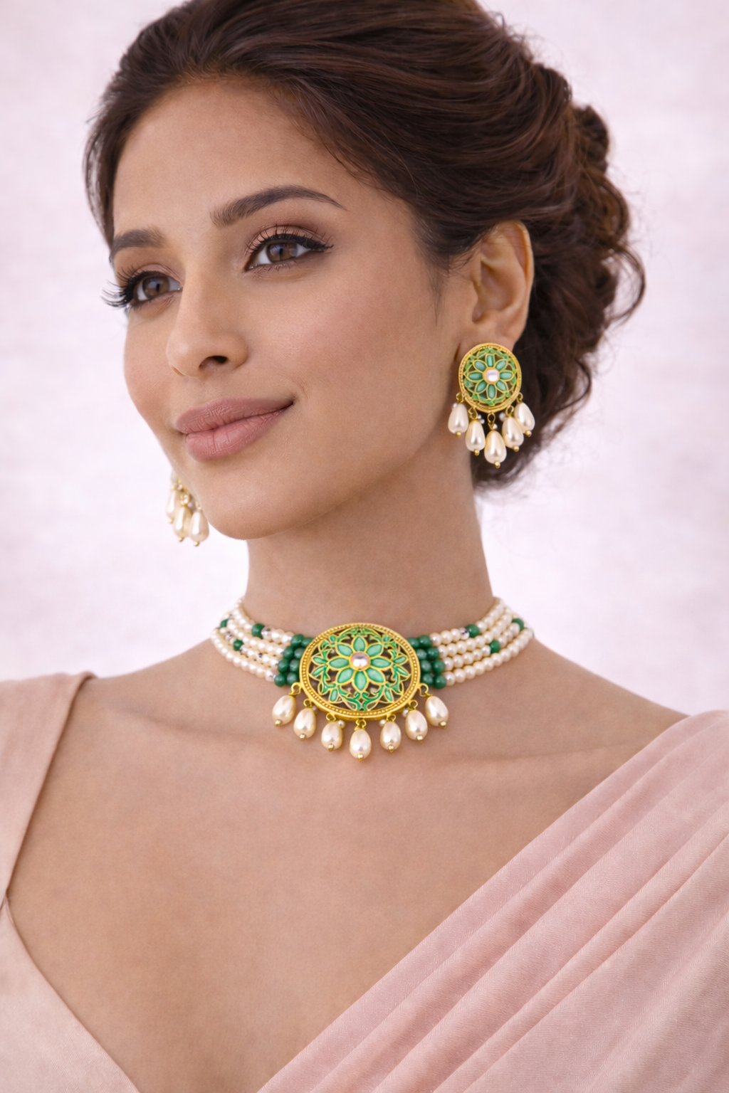 Green Enamel Kundan Pearl Choker Set