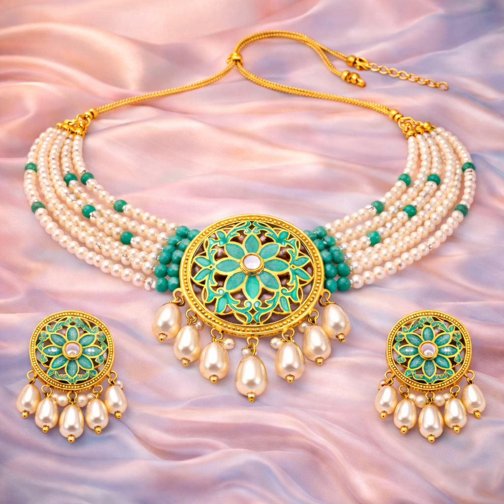 Green Enamel Kundan Pearl Choker Set