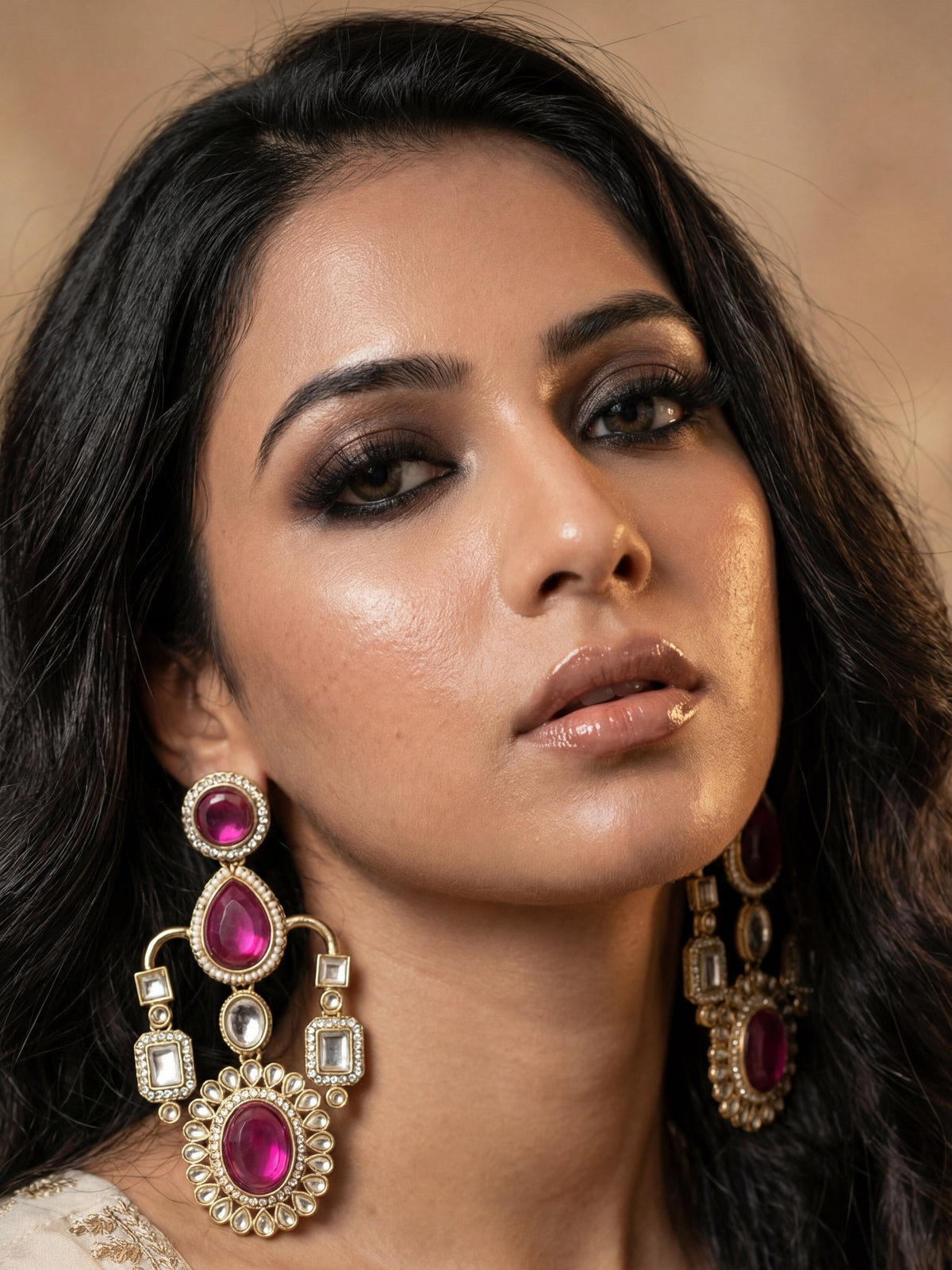 Handcrafted Pink Stone Big Chandelier Earring