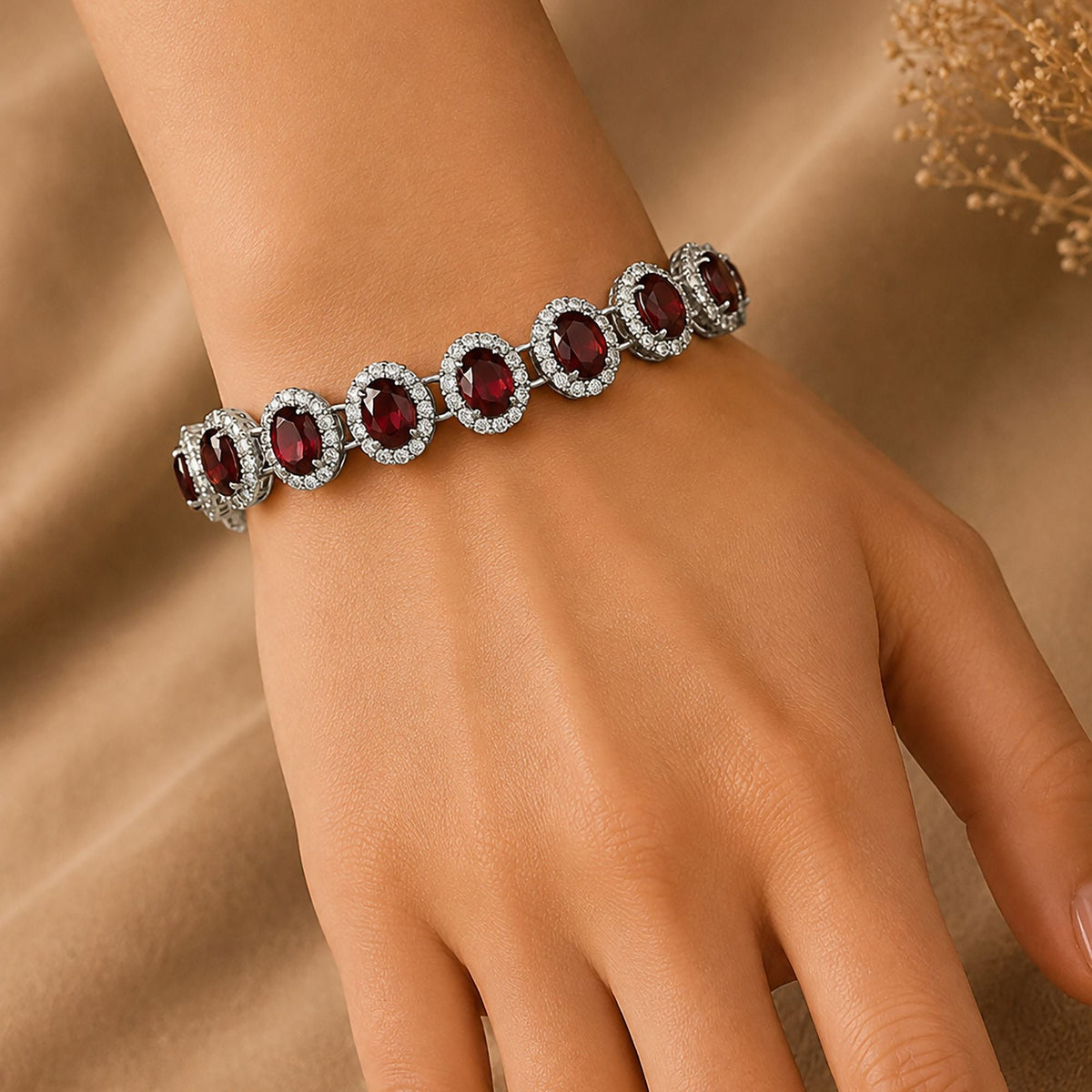 925 Silver Garnet Bracelet with Oval Gemstone Handmade in Prong Setting with Lobster Claw Closure