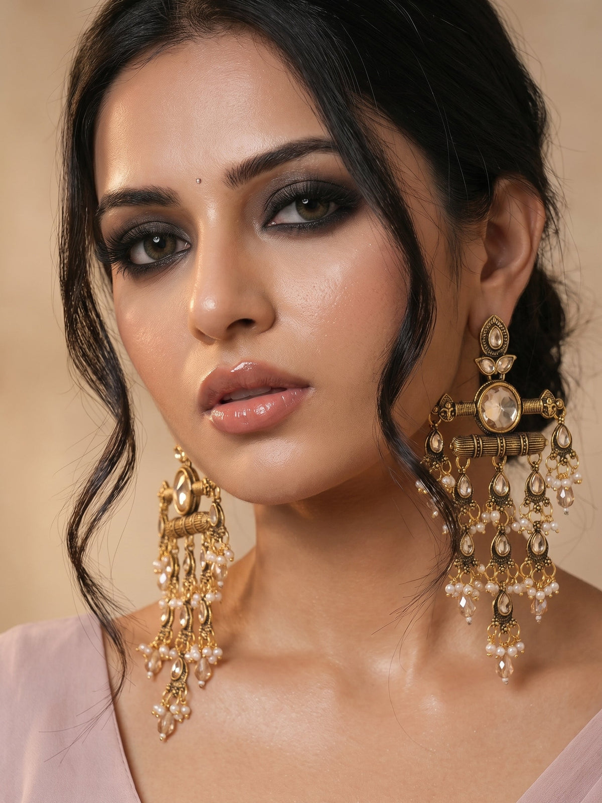 Statement Exquisitely Crafted Vintage Champagne Crystal Chandbali Earrings
