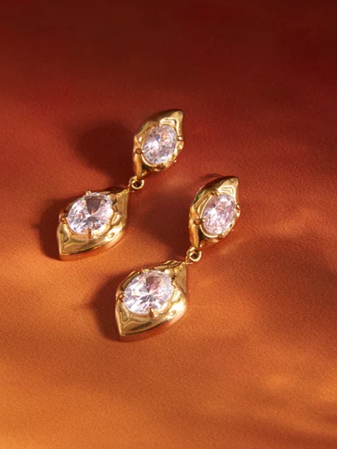 18k gold-plated stone drop earrings �? statement stone-set drops, anti-tarnish and waterproof for festive and wedding looks.