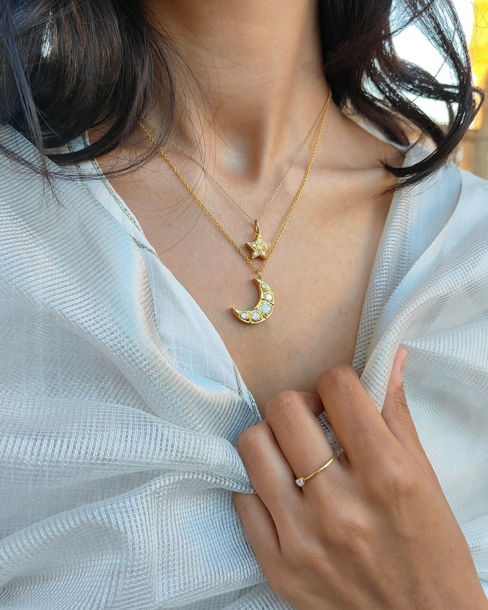 Moissanite Polki Moon Pendant