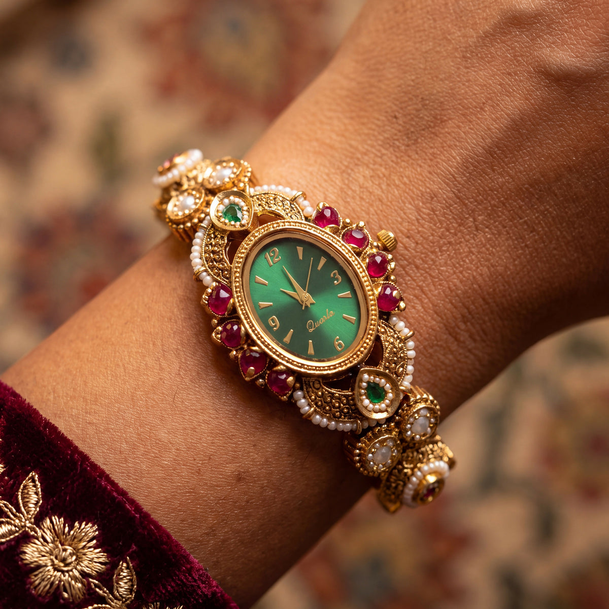Antique Gold Green Dial Ruby Cluster Emerald Drop Bracelet Watch for Women & Girls | Stylish Watch | Wrist Watches for Girls | Ideal for gifting | Gift for Diwali, Christmas, Marriage, Birthday, anniversary, wedding