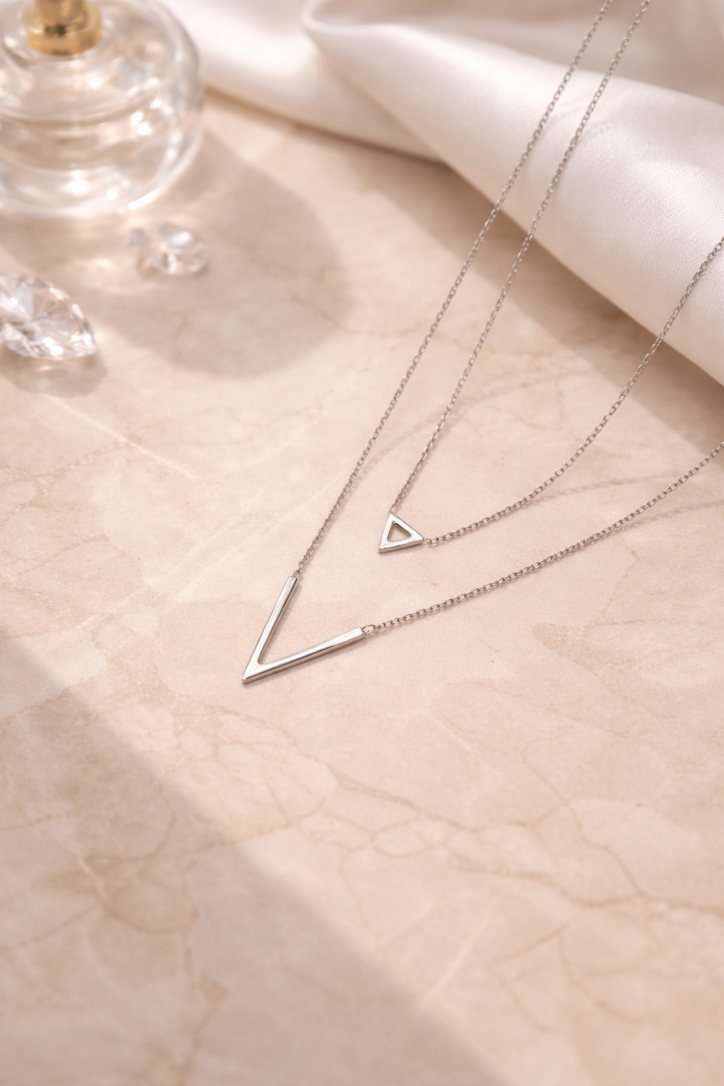 925 Sterling Silver Double Layer V-Shape Necklace Rhodium Plated