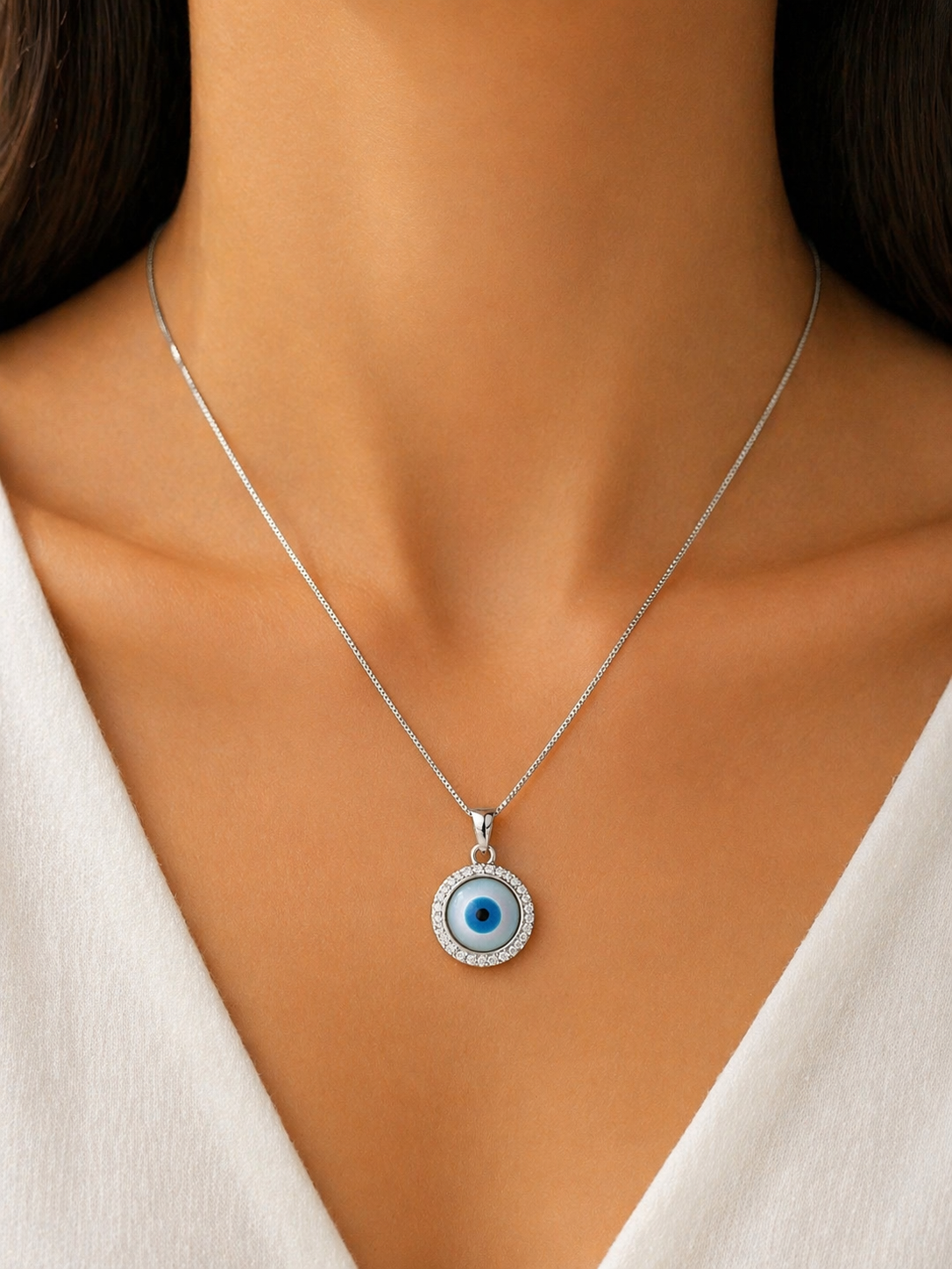 925 Sterling Silver Rhodium Plated Circular Evil Eye Protection Pendant with Box Chain