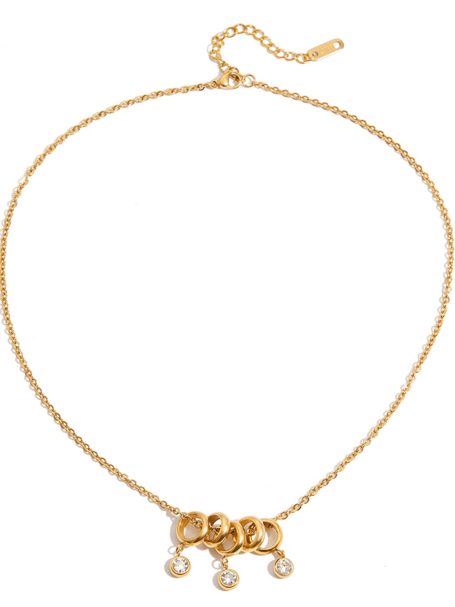 Styled view of stone droplet necklace �? 18k gold-plated layerable pendant for everyday and gifting.