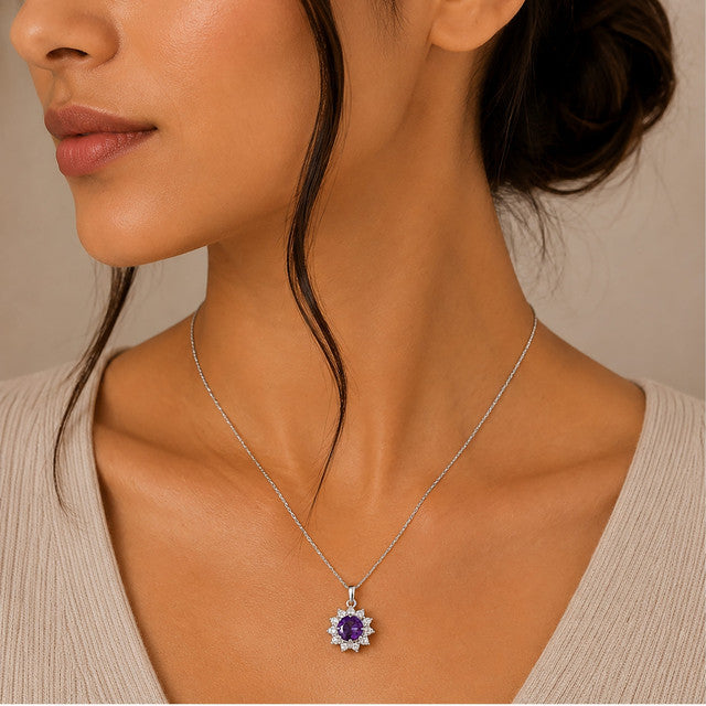 925 Sterling Silver Amethyst Gemstone Sunburst Flower Design Pendant