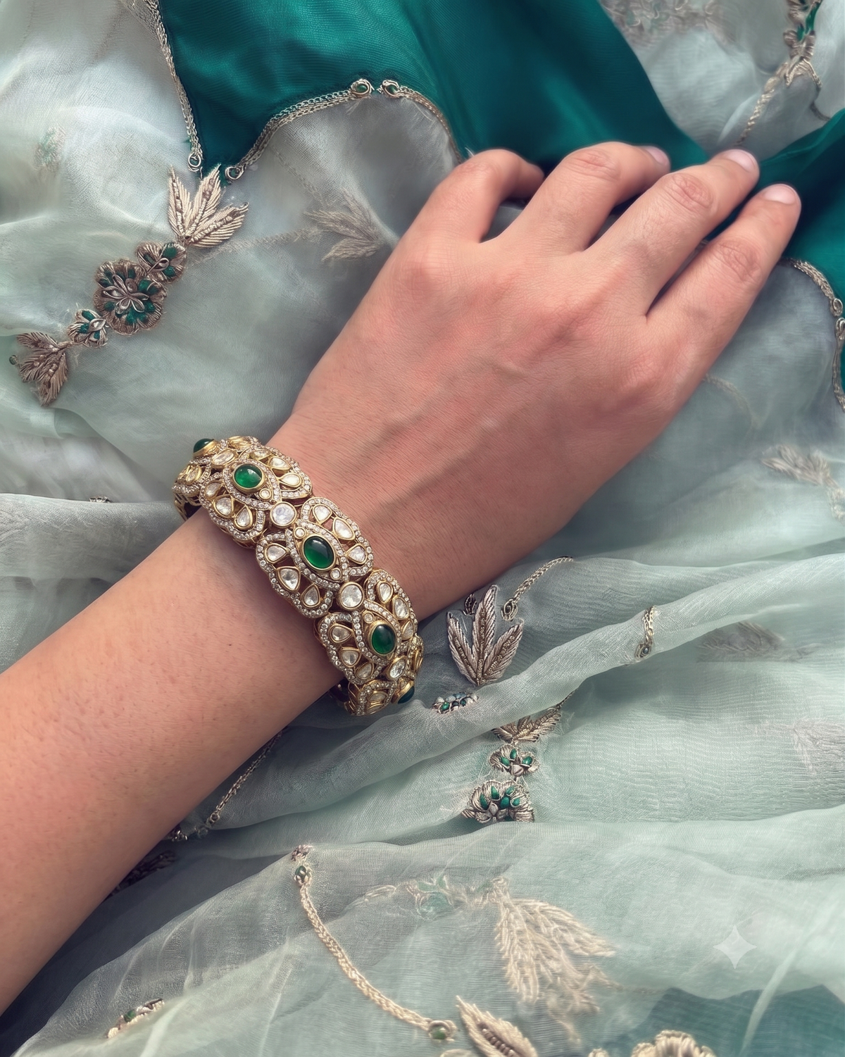 Antique Polki Kada with Green Zircons
