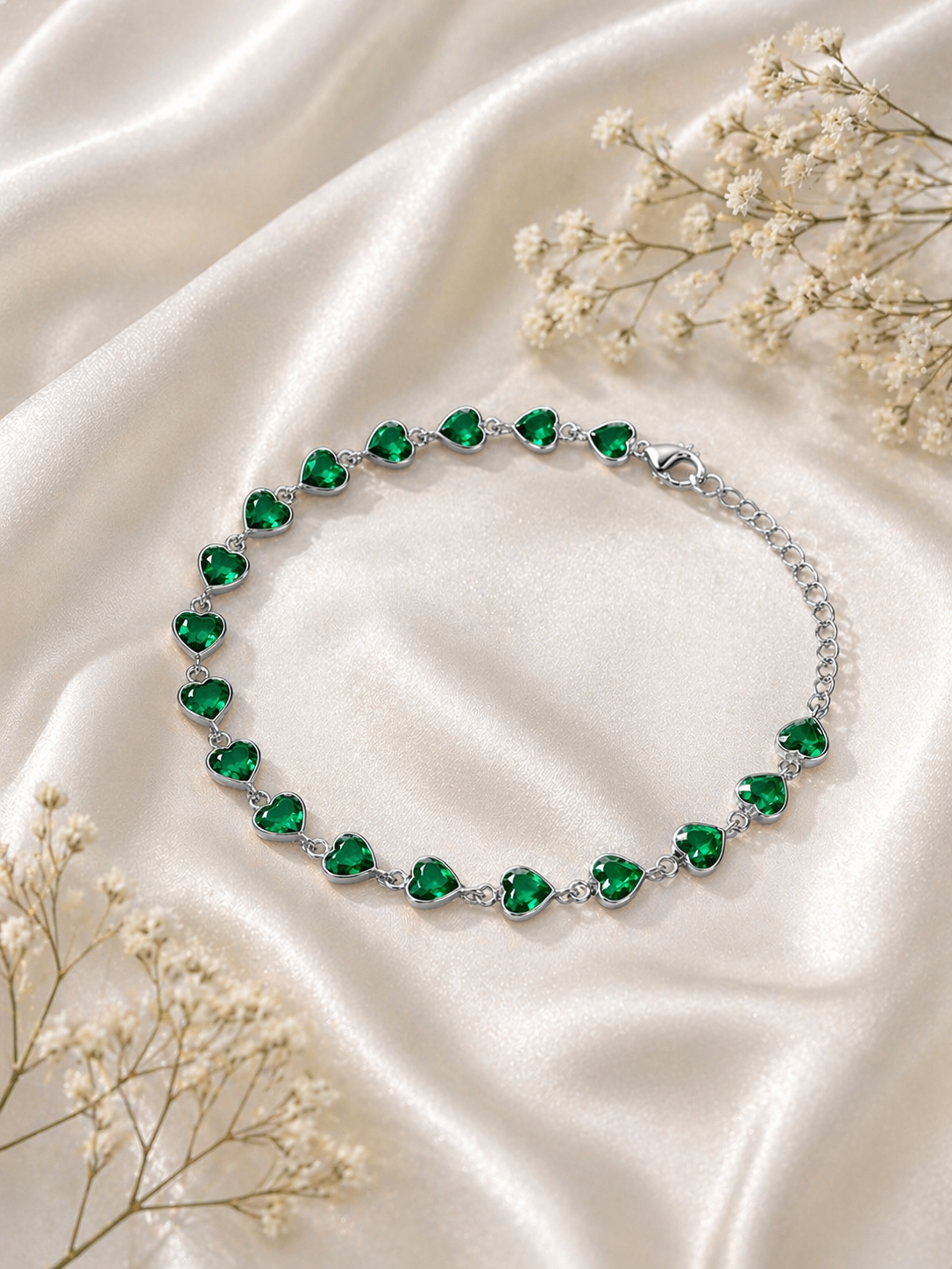 925 Sterling Silver Rhodium Plated Green Heart CZ Bracelet