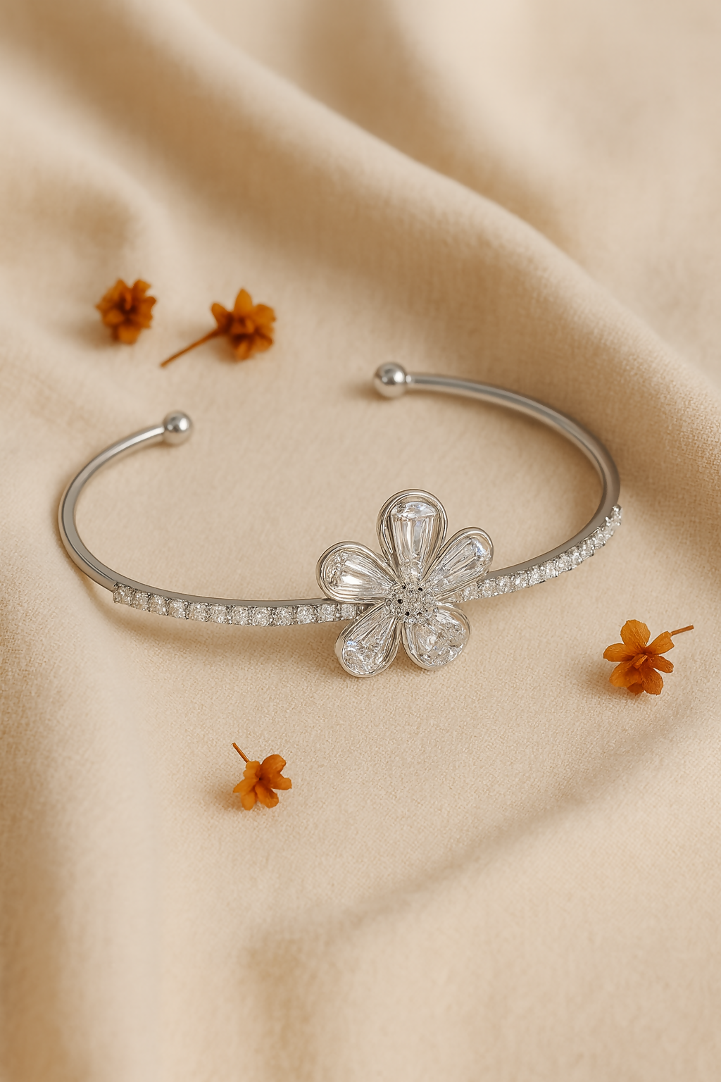 Anuradha Art Jewellery silver finish floral design with cubic zirconia stud Adjustable cuff bracelet, Kada bracelet for women and girls.