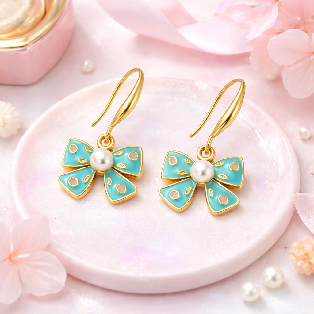 Light Blue Bow Pearl Earrings