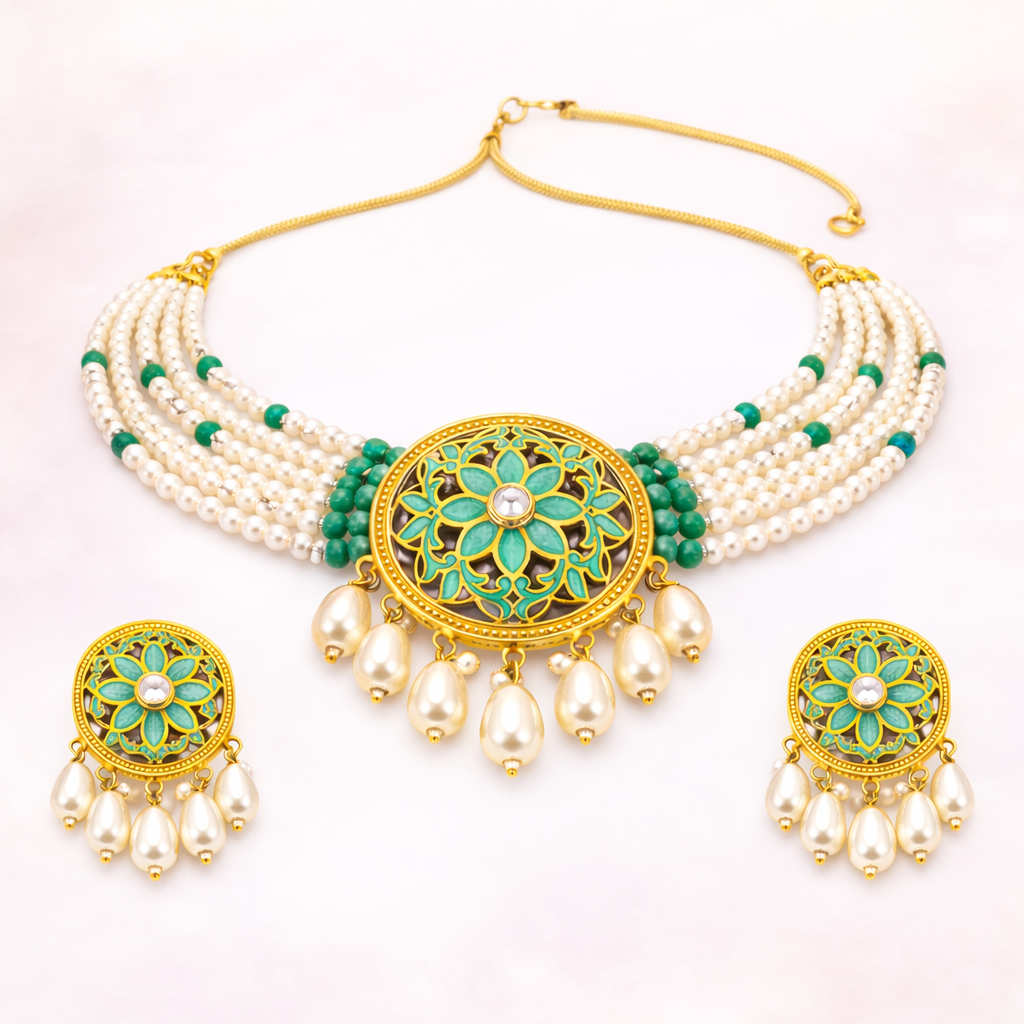 Green Enamel Kundan Pearl Choker Set