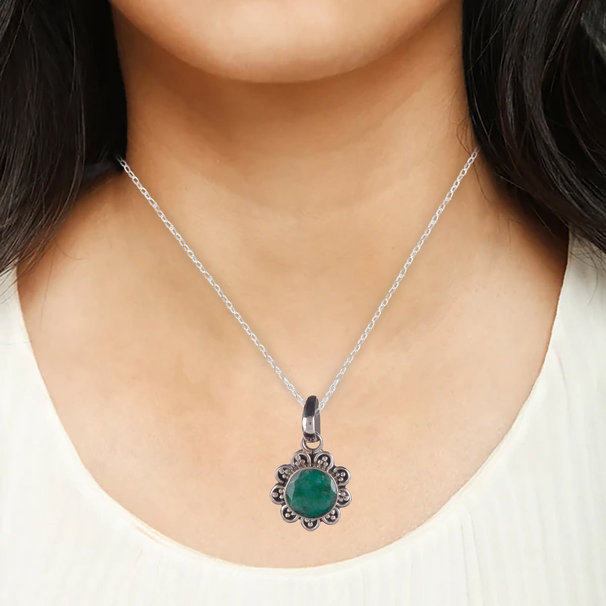925 Sterling Silver Emerald Pendant with 18" Chain for Women | Sky Blue Gemstone Jewelry | Luxury Party Wear