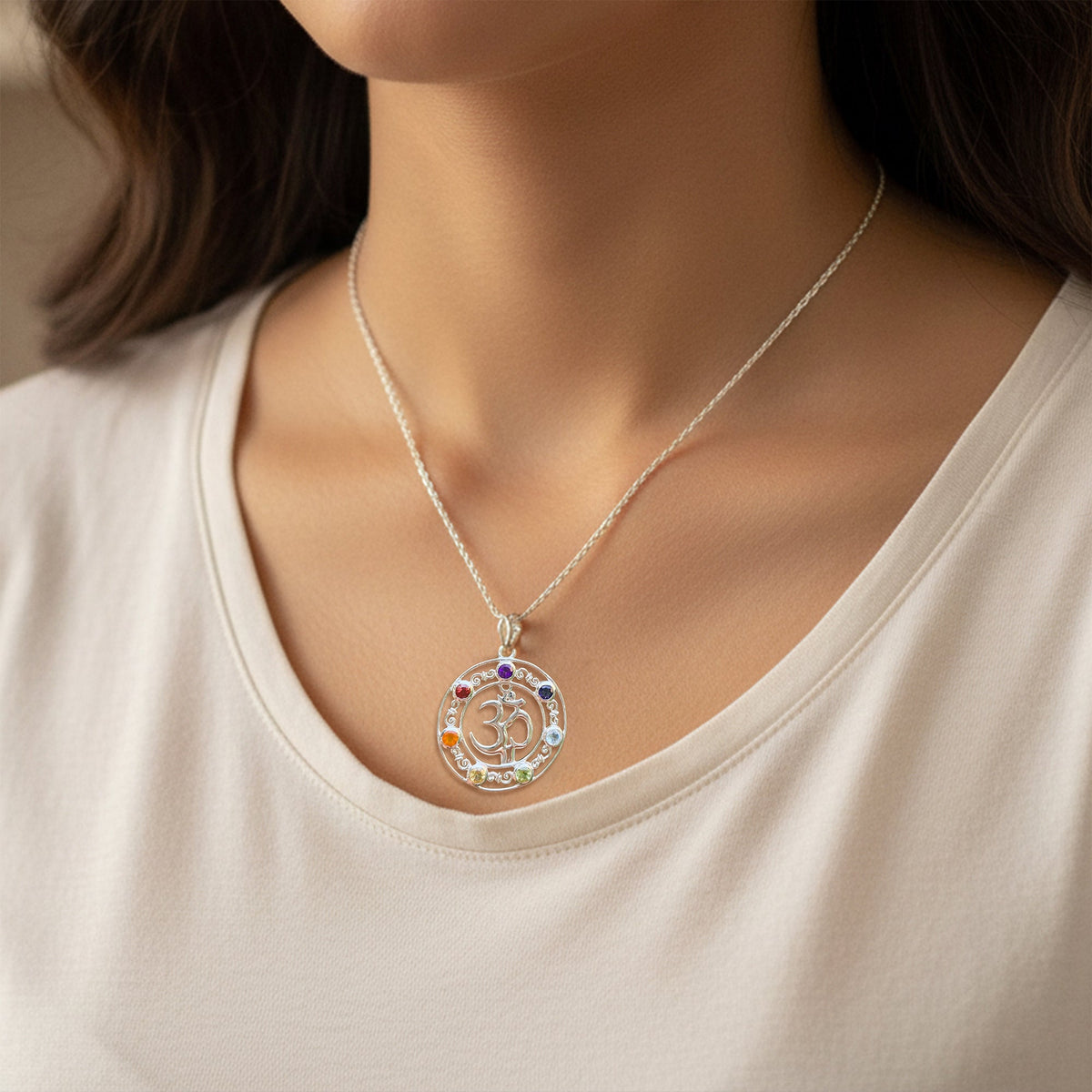 925 Sterling Silver Chakra Pendant Necklace for Women with 18" Chain | Handmade Multicolor Energy Jewelry | Size 3.5x2.6 cm