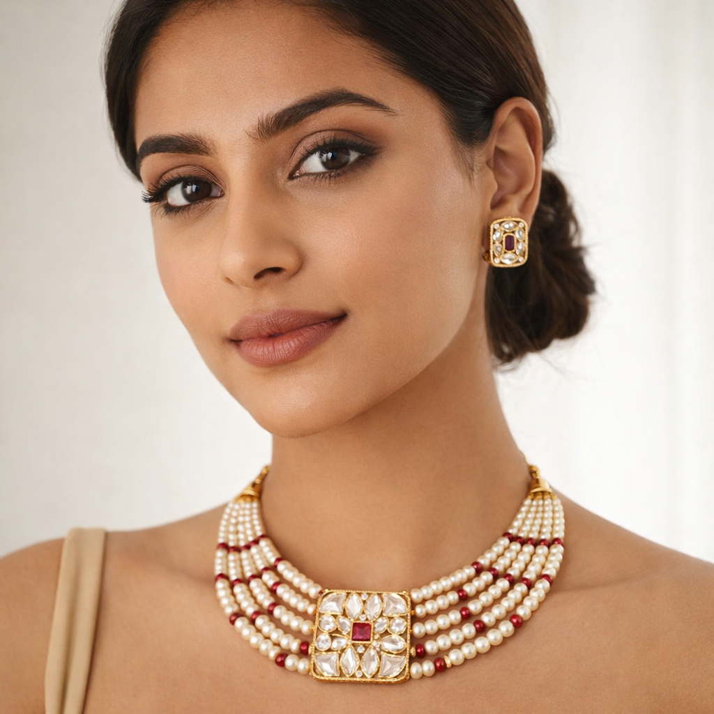 Gold Plated Pink Kundan Semi Cultured Pearl Choker Set