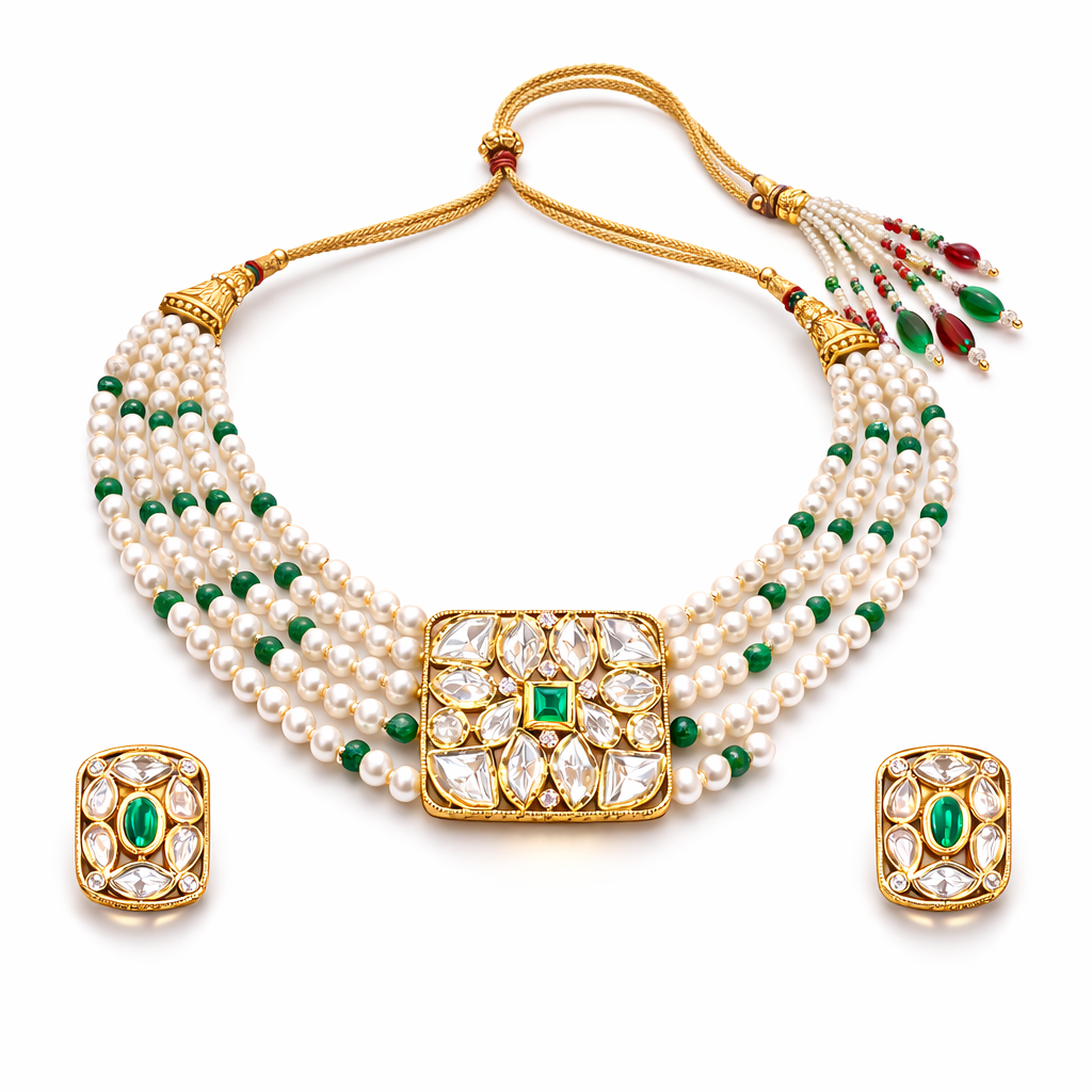 Gold Plated Green Kundan Semi Cultured Pearl Choker Set