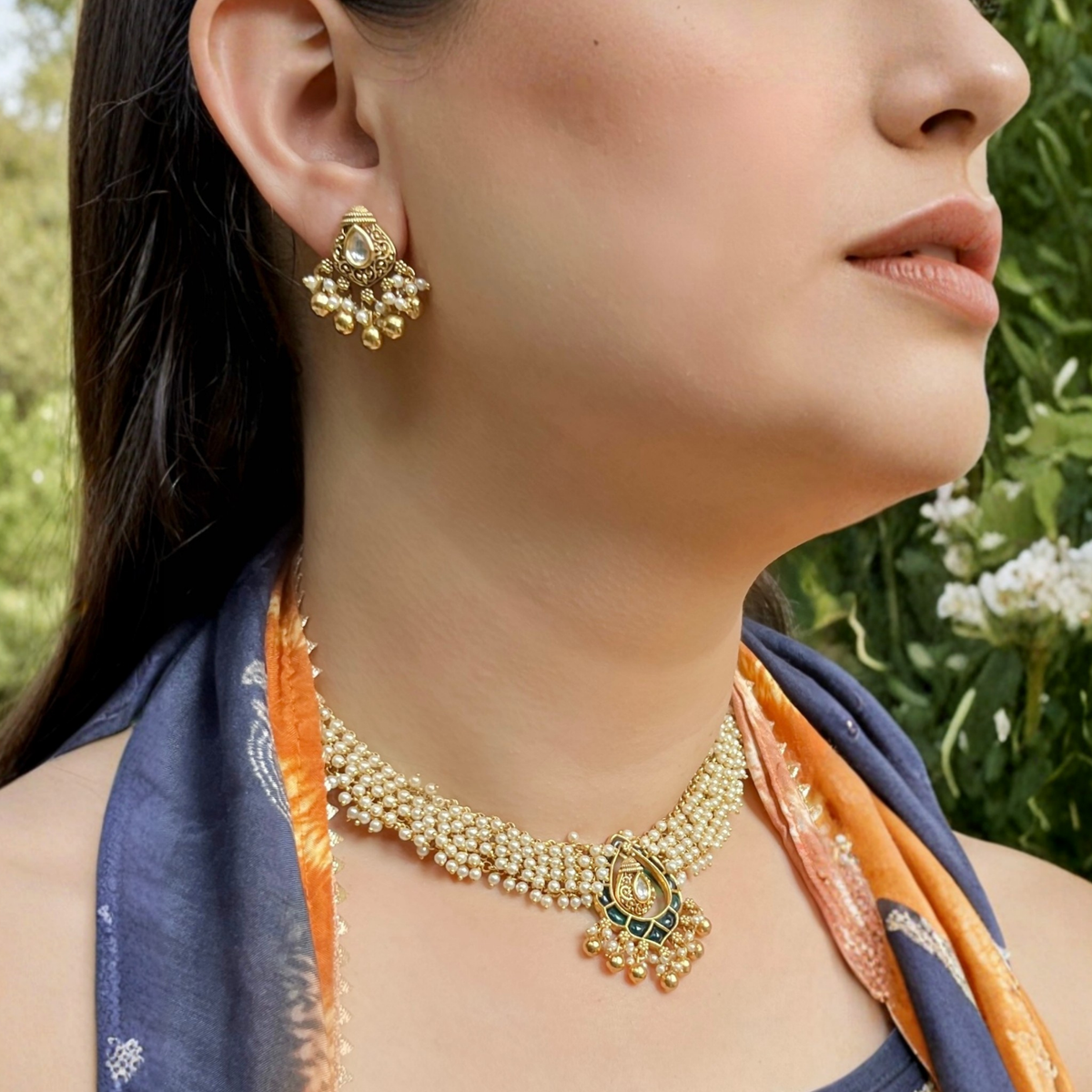 Antique Finish Pearl Guccha Necklace Set
