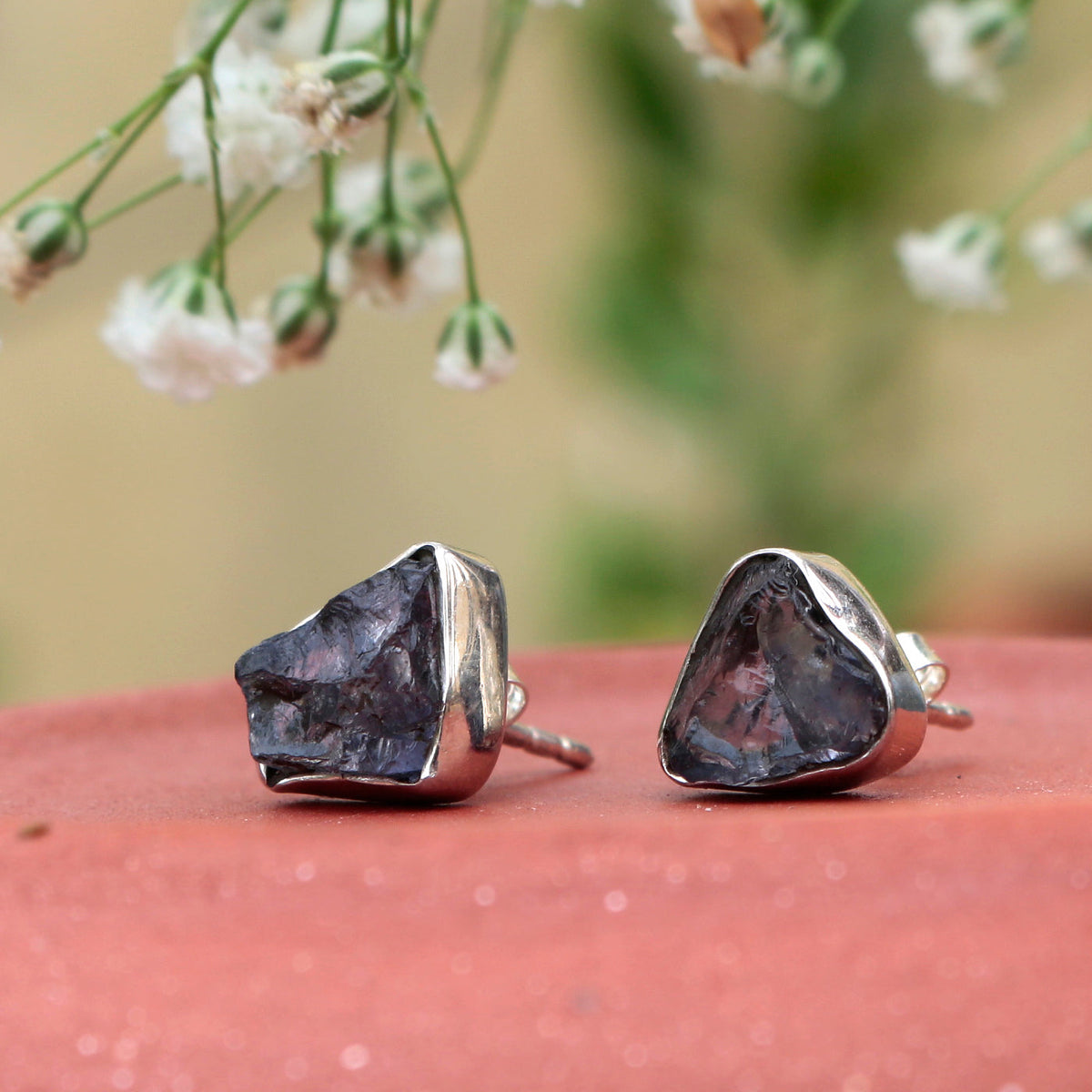 925 Silver Uncut Iolite Stud Earrings | Handmade Natural Stone: Uncut Iolite Stone | Lightweight Women’s Jewelry