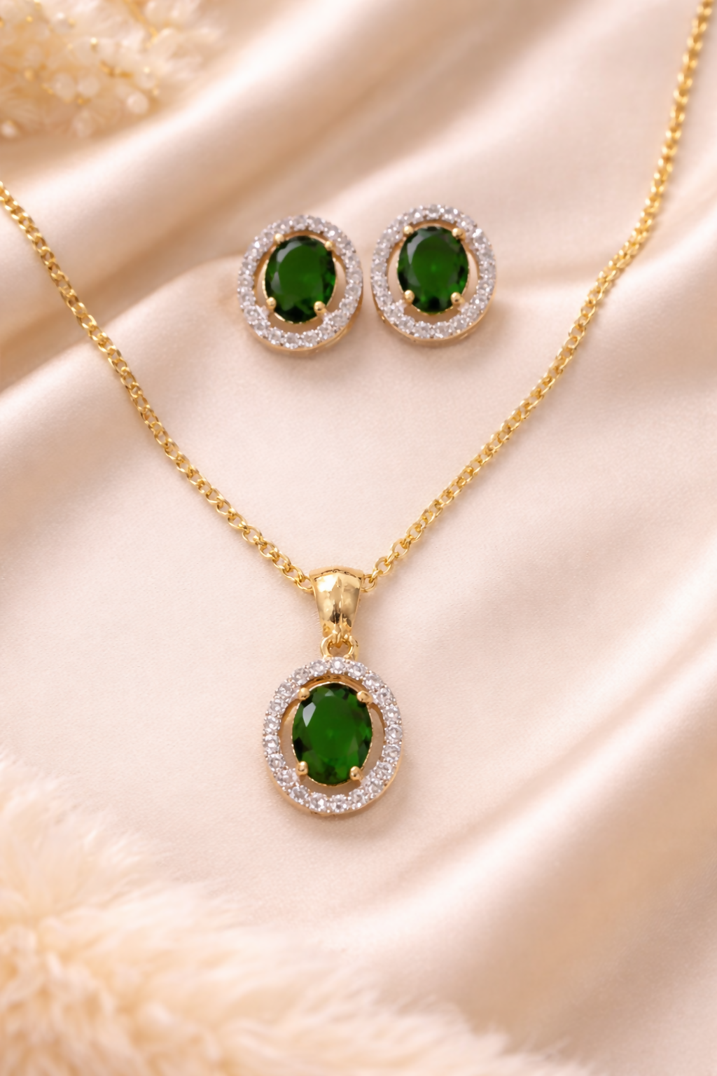Green Emerald Luxe Gold-Plated Solitaire Halo Pendant & Earrings Set – A Regal Touch of Green