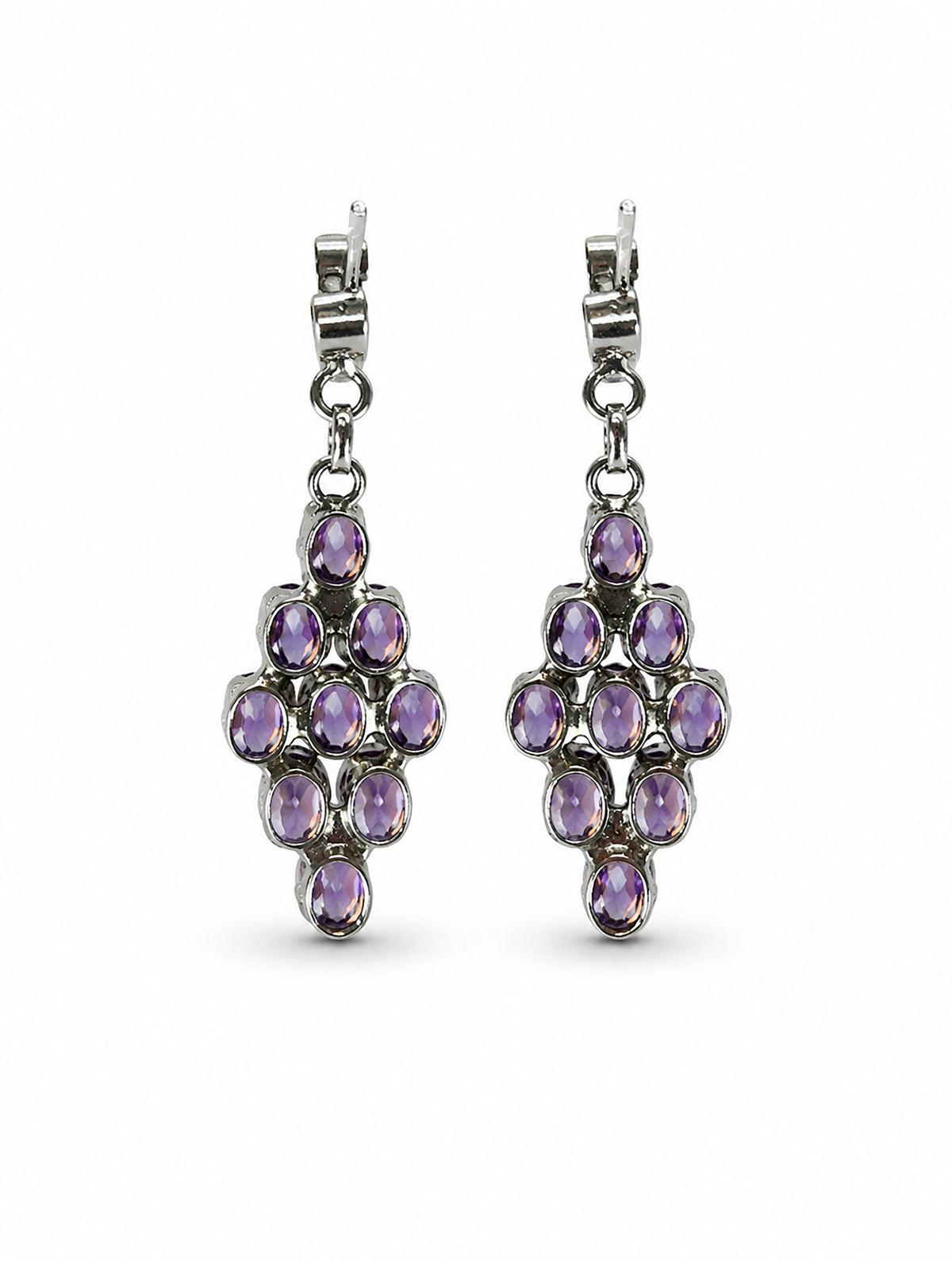 925 Sterling Silver 10 Amethyst Gemstone Diamond Shaped Drop Earrings