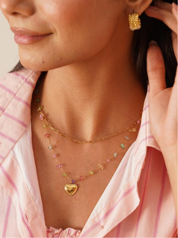 18k gold-plated double-layered necklace with rainbow stones and heart charm �? anti-tarnish, waterproof, layerable.