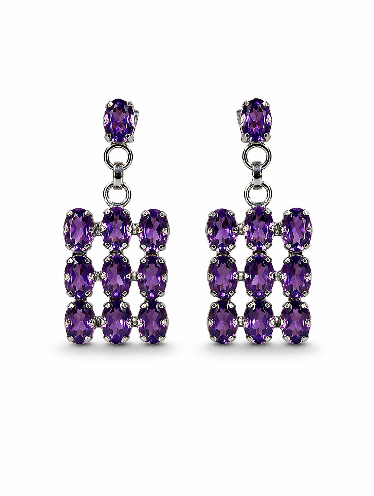 925 Sterling Silver 10 Amethyst Gemstone Square Shaped Drop Earrings
