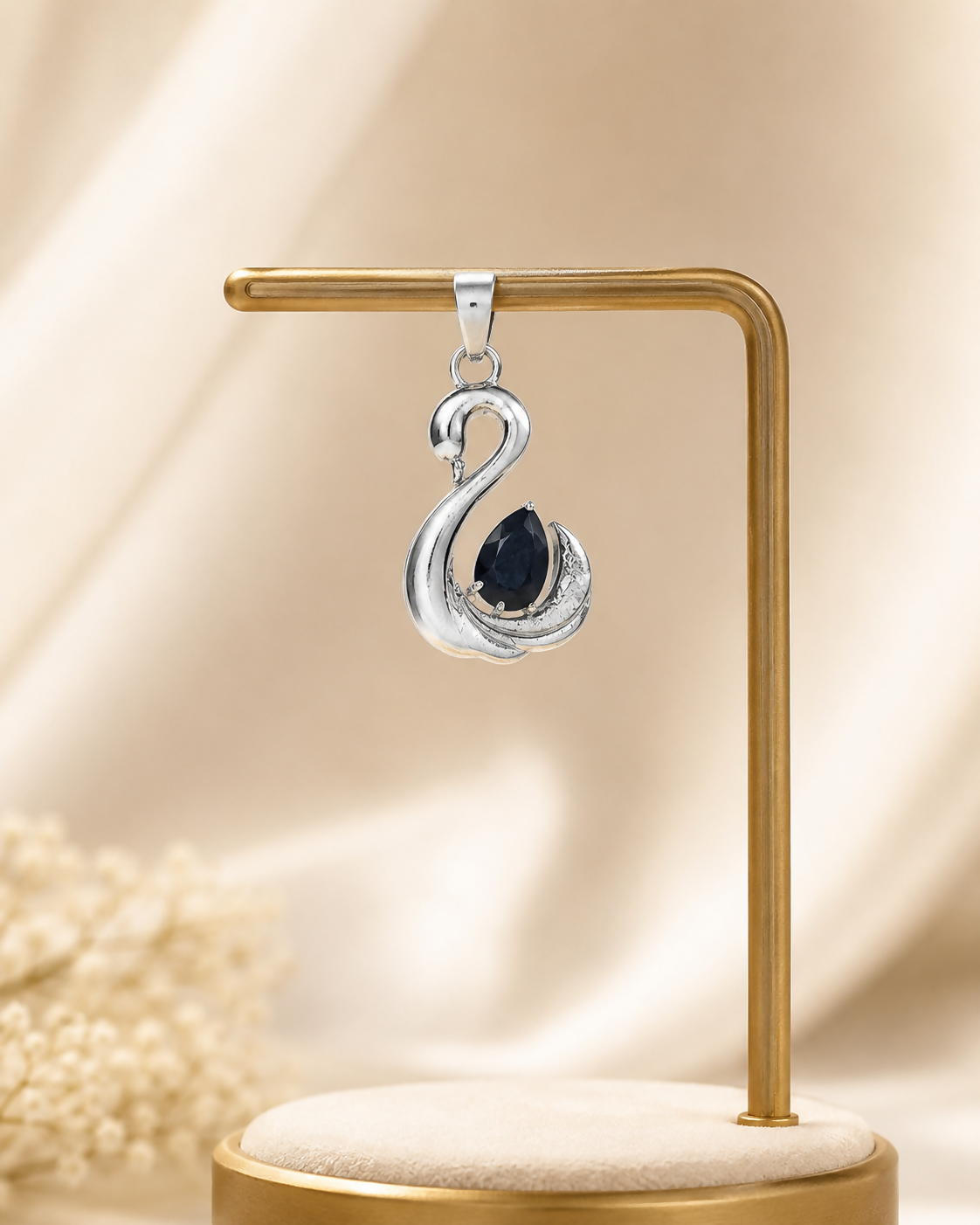 Black Onyx Swan Pendant in 925 Sterling Silver