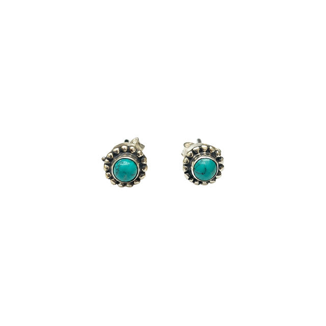 925 Sterling Silver Turquoise Gemstone Eartops Round Oxidised Beaded Handmade Jewelry Stud Design