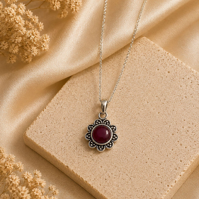 925 Sterling Silver Ruby Gemstone Flower Pendant for Women