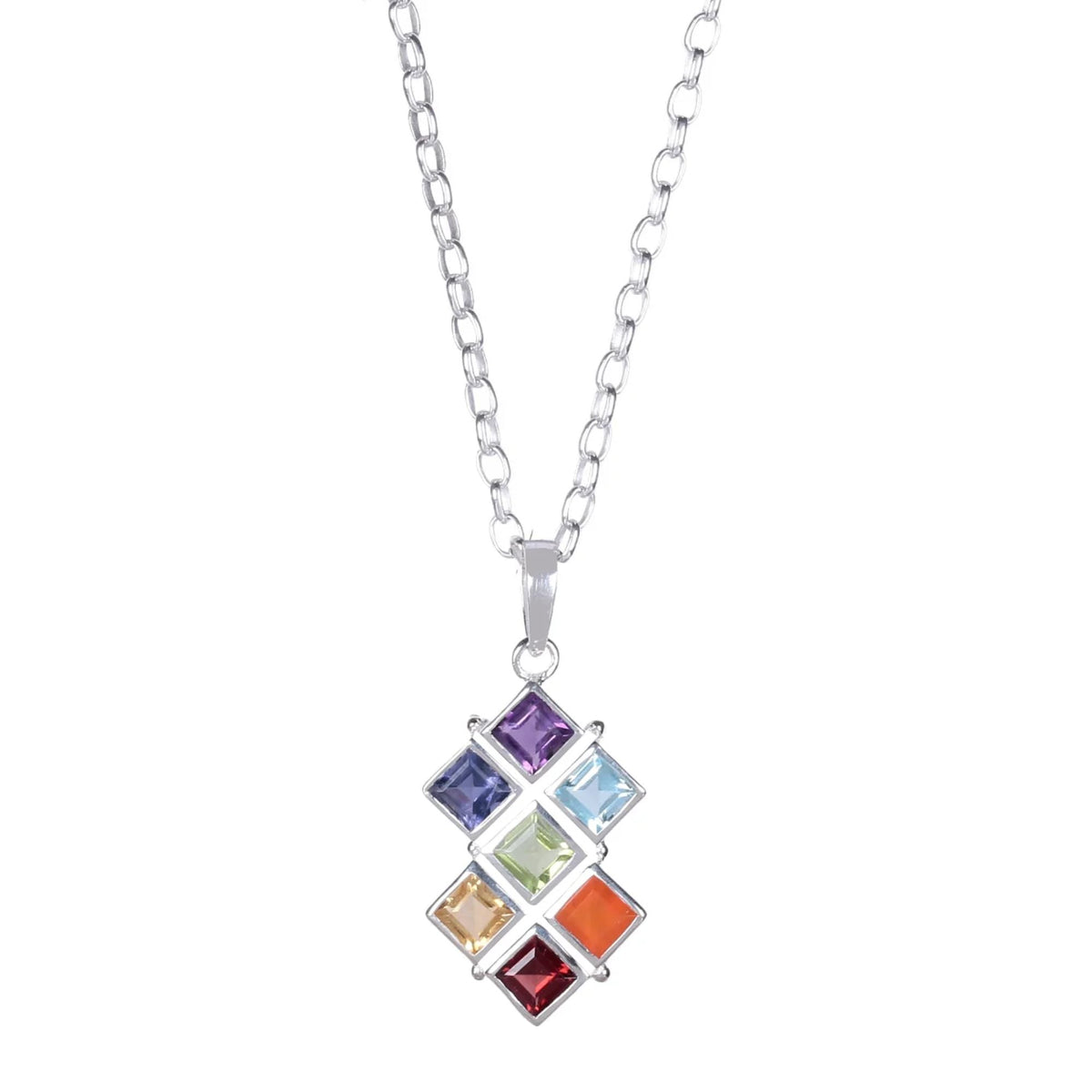 925 Silver Chakra Pendant Necklace – Square design with natural gemstones, 18-inch chain. Promotes balance, energy, and elegance for women