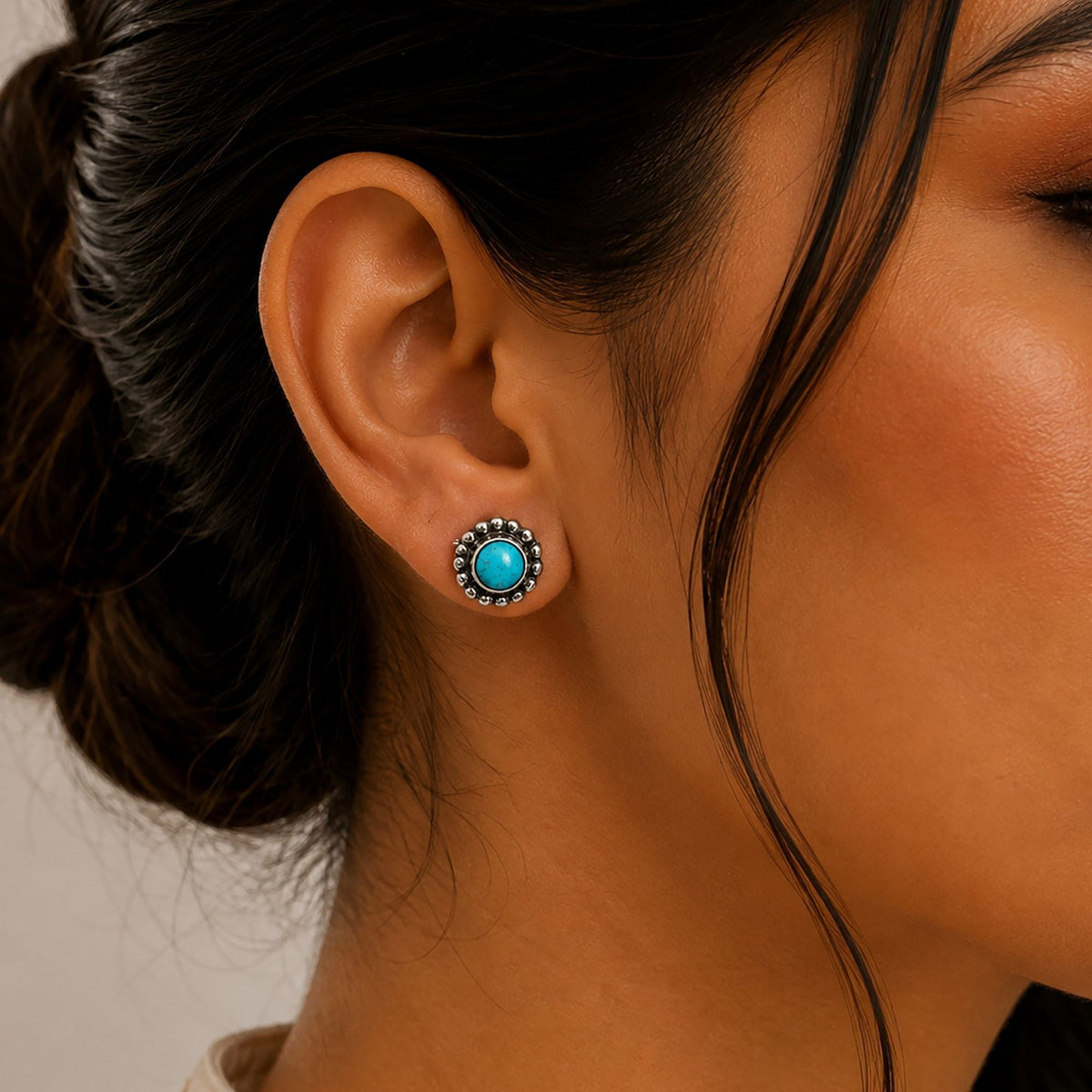 925 Sterling Silver Turquoise Gemstone Eartops Round Oxidised Beaded Handmade Jewelry Stud Design