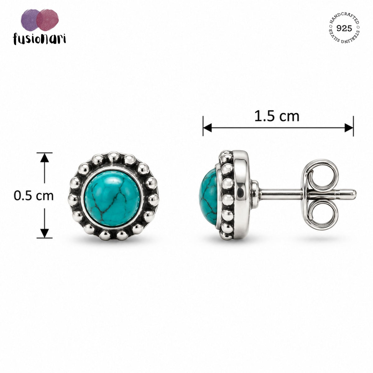 925 Sterling Silver Turquoise Gemstone Eartops Round Oxidised Beaded Handmade Jewelry Stud Design
