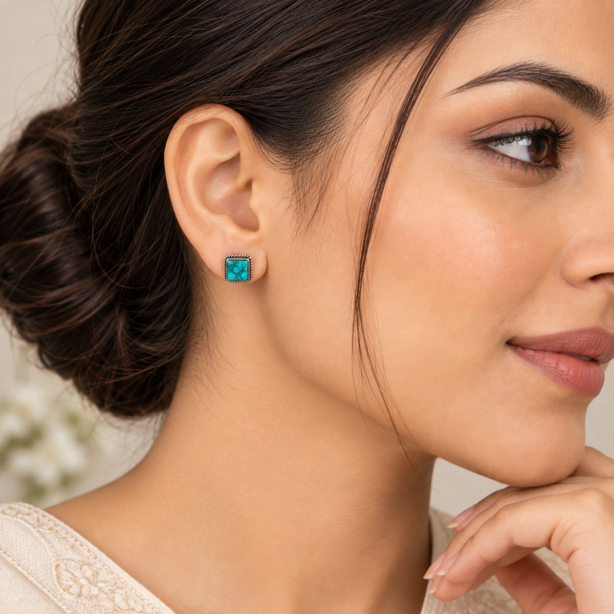 925 silver square turquoise eartops handmade in bezel setting with push closure