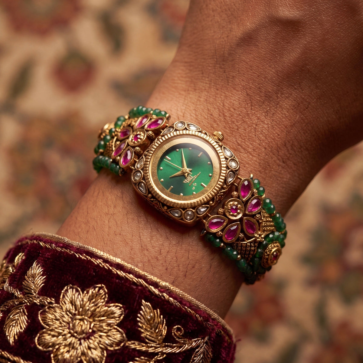 Antique Gold Green Dial Kundan Cushion Ruby Floret Bracelet Watch for Women & Girls | Stylish Watch | Wrist Watches for Girls | Ideal for gifting | Gift for Diwali, Christmas, Marriage, Birthday, anniversary, wedding