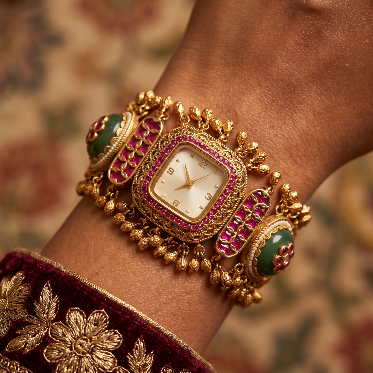 Antique Gold White Dial Ruby Bezel Ruby Bar Green Cabochon Ghungroo Bracelet Watch for Women & Girls | Stylish Watch | Wrist Watches for Girls | Ideal for gifting | Gift for Diwali, Christmas, Marriage, Birthday, anniversary, wedding