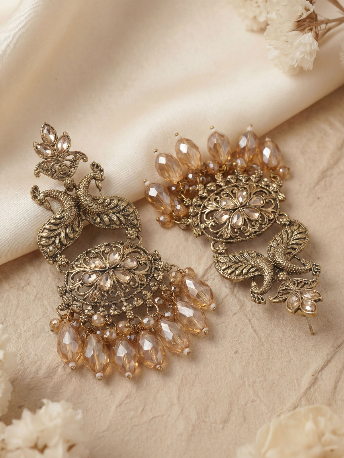 Unique Antique Golden Tone Champagne Stone Long Earrings for Women