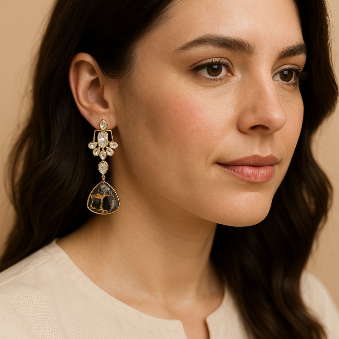 Gold Plated Black Kundan Earrings