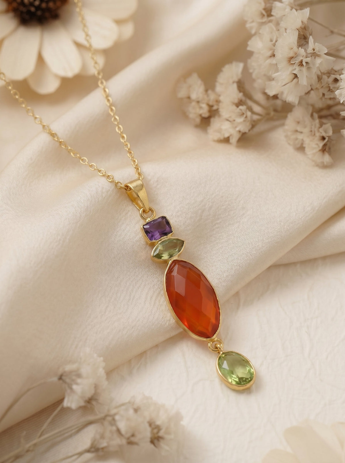 Coral Stone & Crystal  Multistone Pendant Necklace for Women