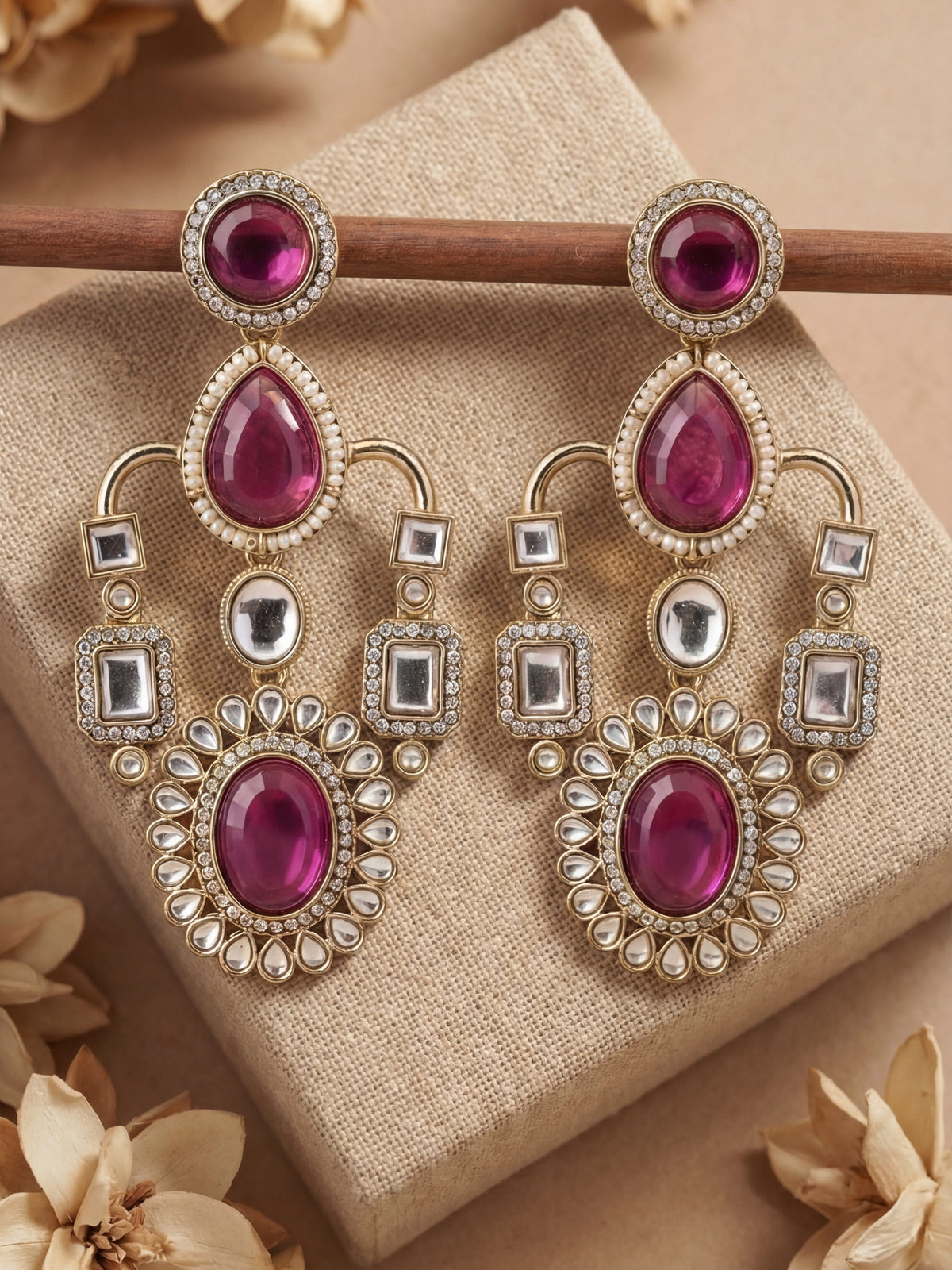 Handcrafted Pink Stone Big Chandelier Earring