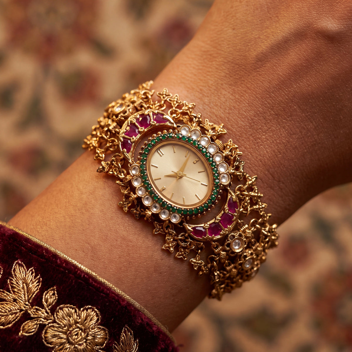 Antique Gold Dial Emerald Bezel Ruby Crescent Kundan Bracelet Watch for Women & Girls | Stylish Watch | Wrist Watches for Girls | Ideal for gifting | Gift for Diwali, Christmas, Marriage, Birthday, anniversary, wedding