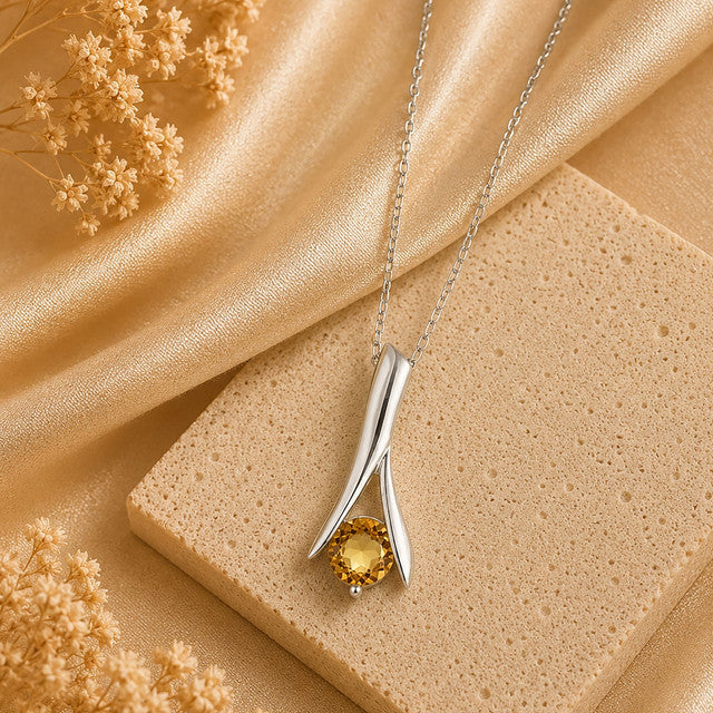 925 Sterling Silver Citrine Gemstone Leaf Style Pendant for Women