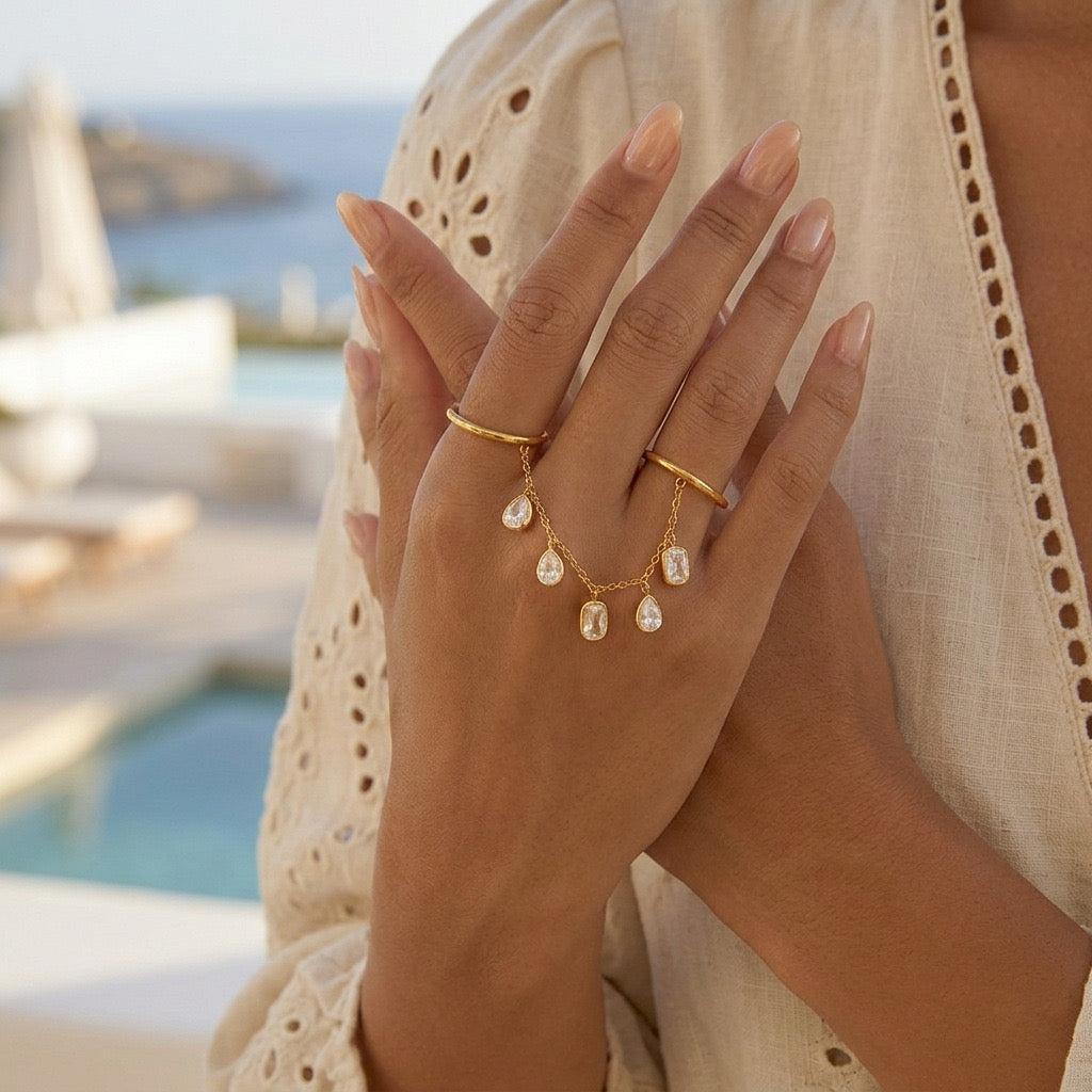Close-up of double stone ring �? 18k gold-plated ring with two stones for everyday wear and gifting.