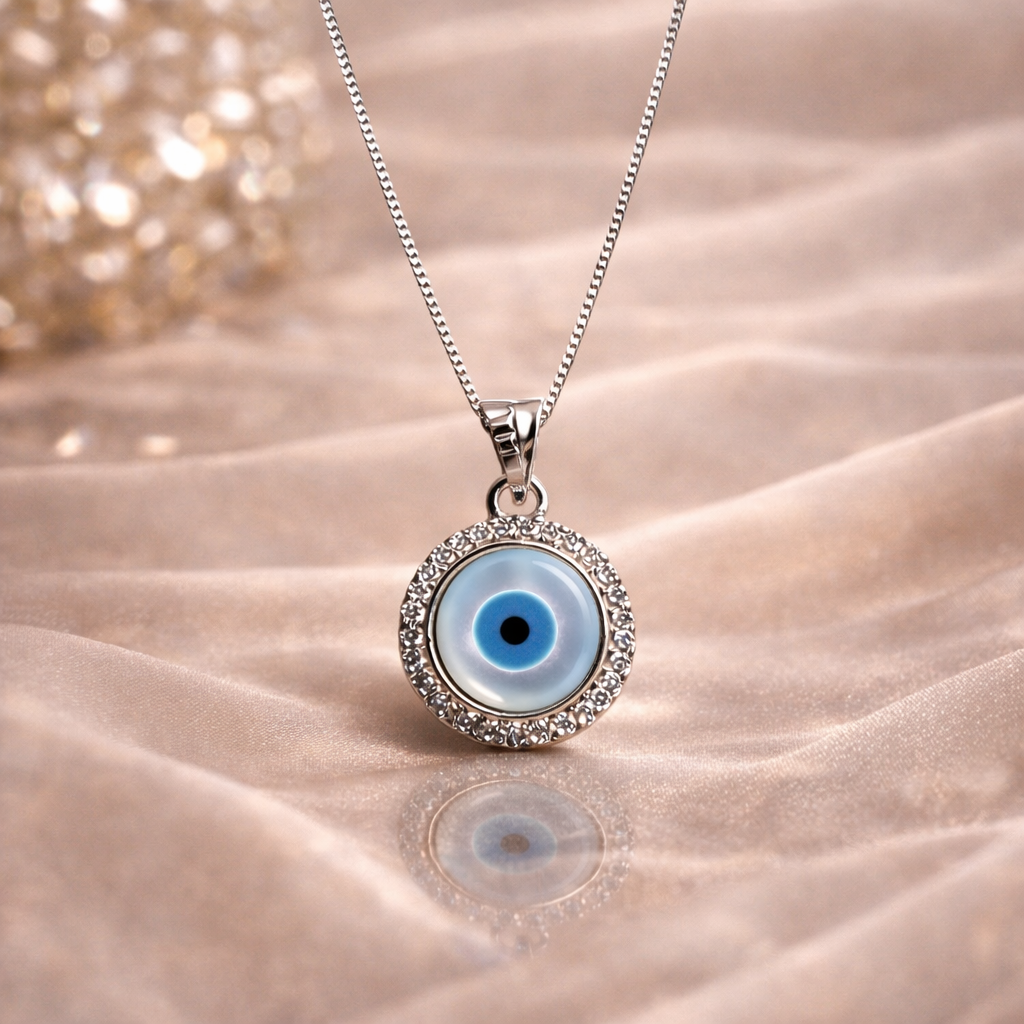 925 Sterling Silver Rhodium Plated Circular Evil Eye Protection Pendant with Box Chain