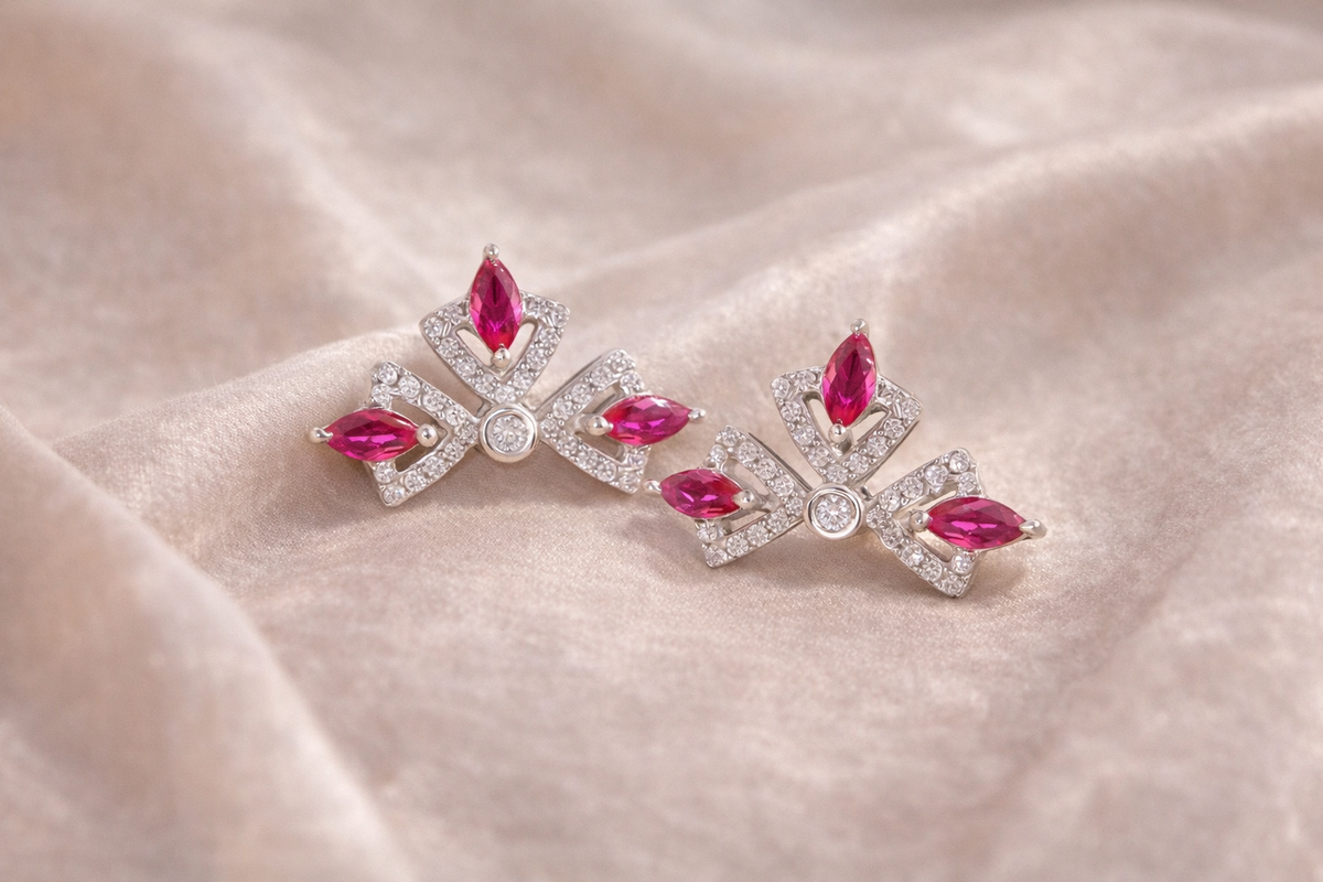 Floral Ruby Stud Earrings with Sparkling CZ Accents for a Timeless Elegant Look