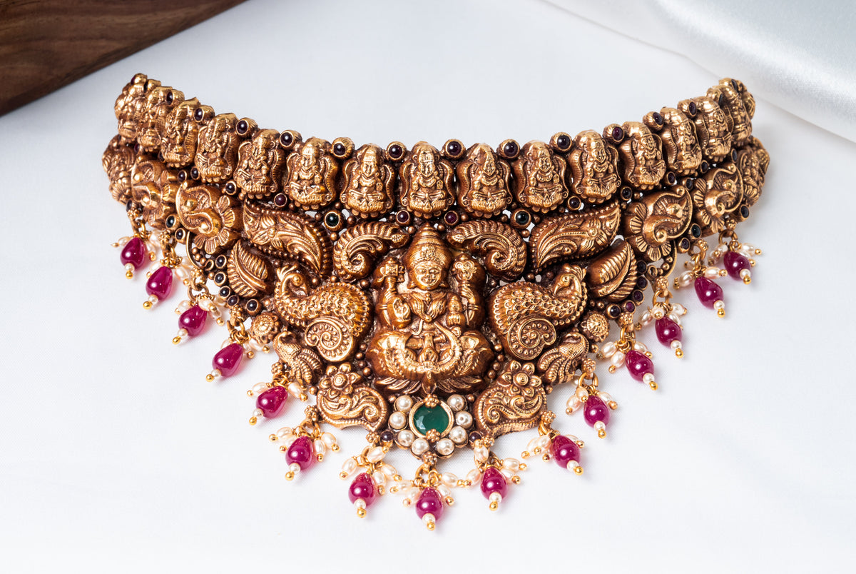 Lakshmi Peacock Gold-Plated 925 Silver Temple Choker Necklace