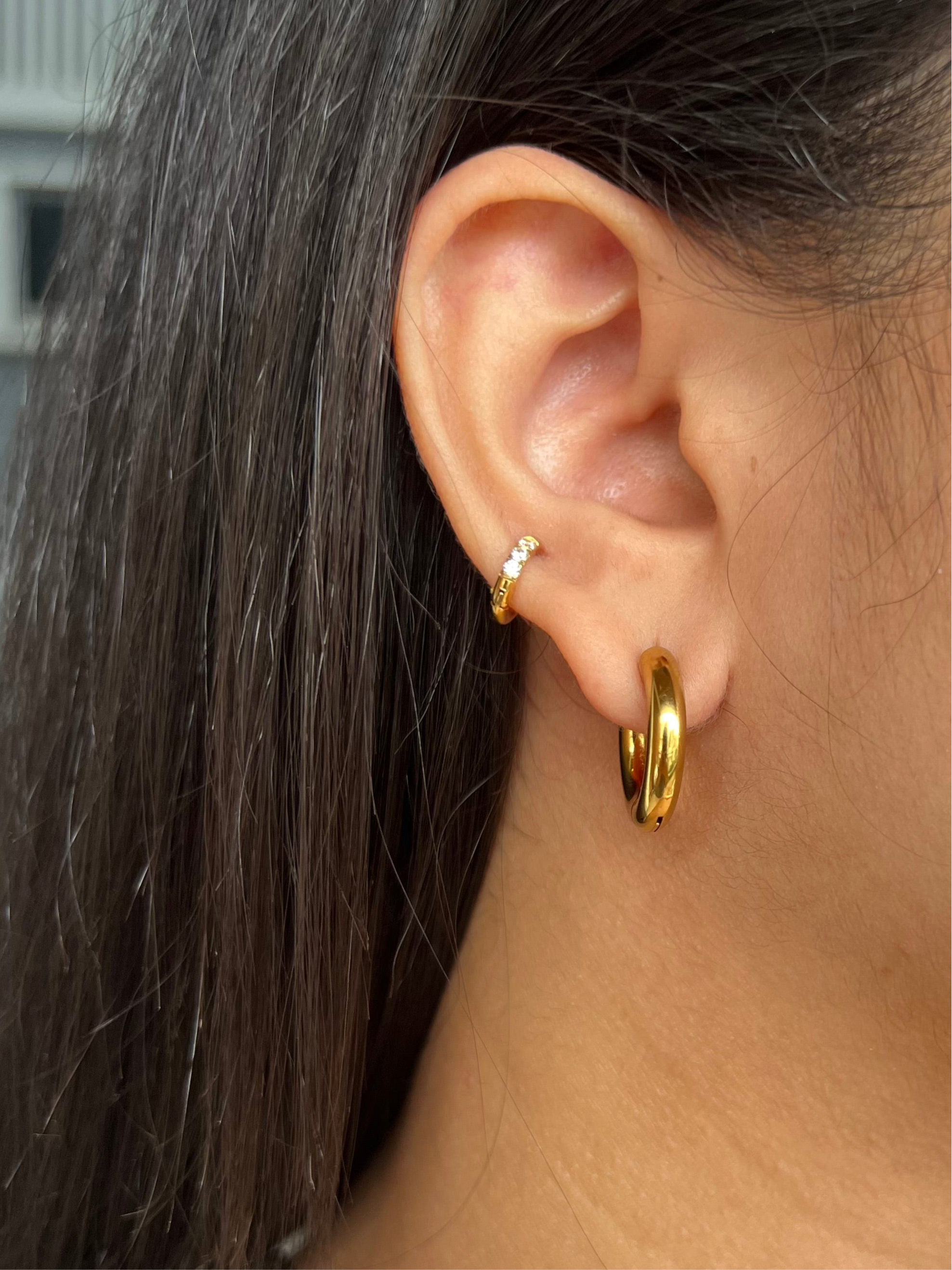 Pair of gold-plated stone hoop earrings �? dainty 6mm hoops perfect for ear-stack styling and gifting.