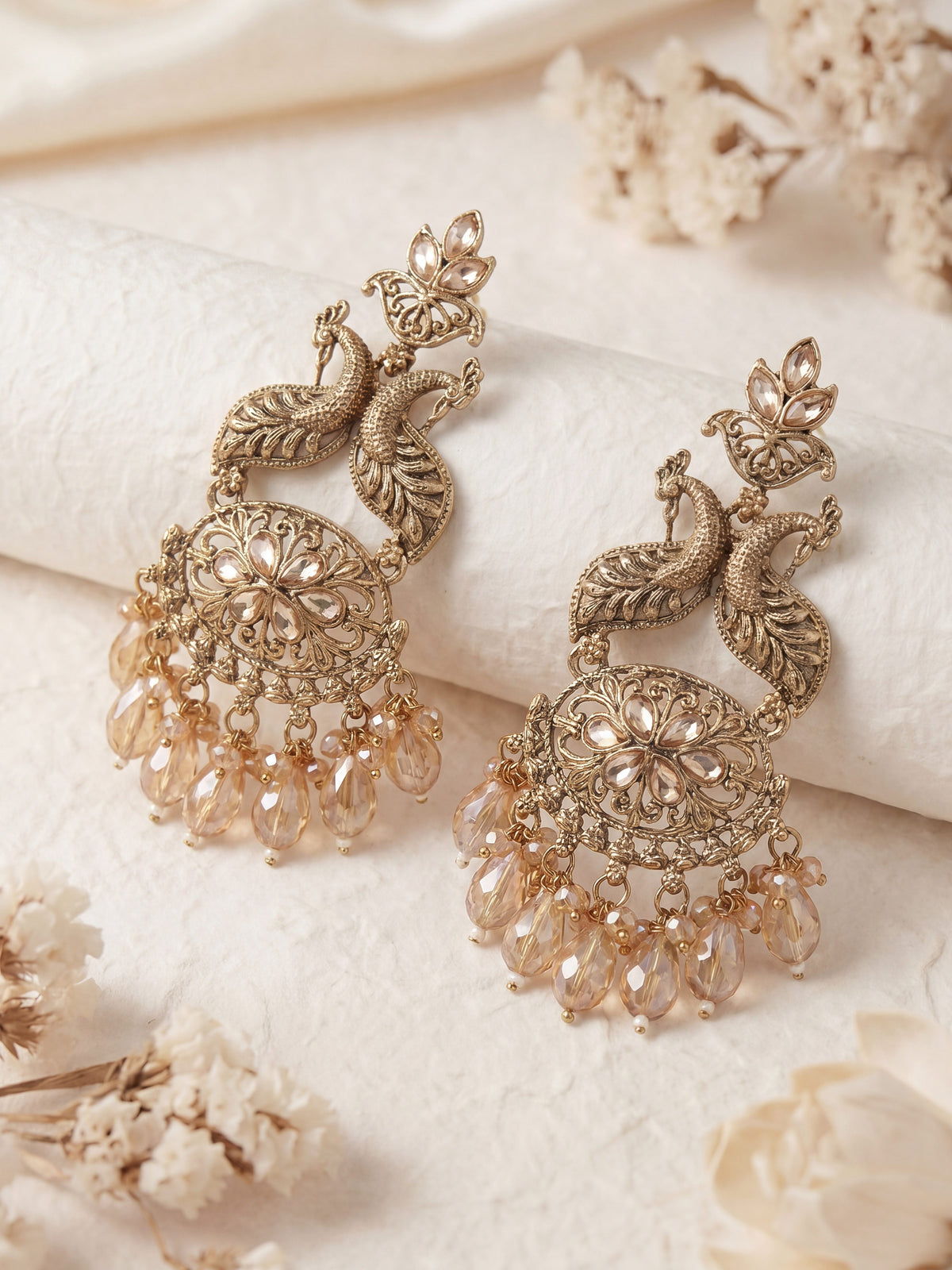 Unique Antique Golden Tone Champagne Stone Long Earrings for Women