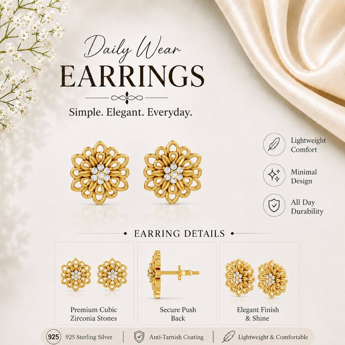 MAIRA Zinnia Glow Gold Plated 925 Sterling Silver Floral Stud Earrings